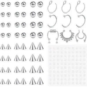 Fake Eyebrow Ring Fake Lip Labret Studs Replacement Balls Spike with 100pcs Sticker Non-Piercing Body Jewelry Fake Skin Piercing