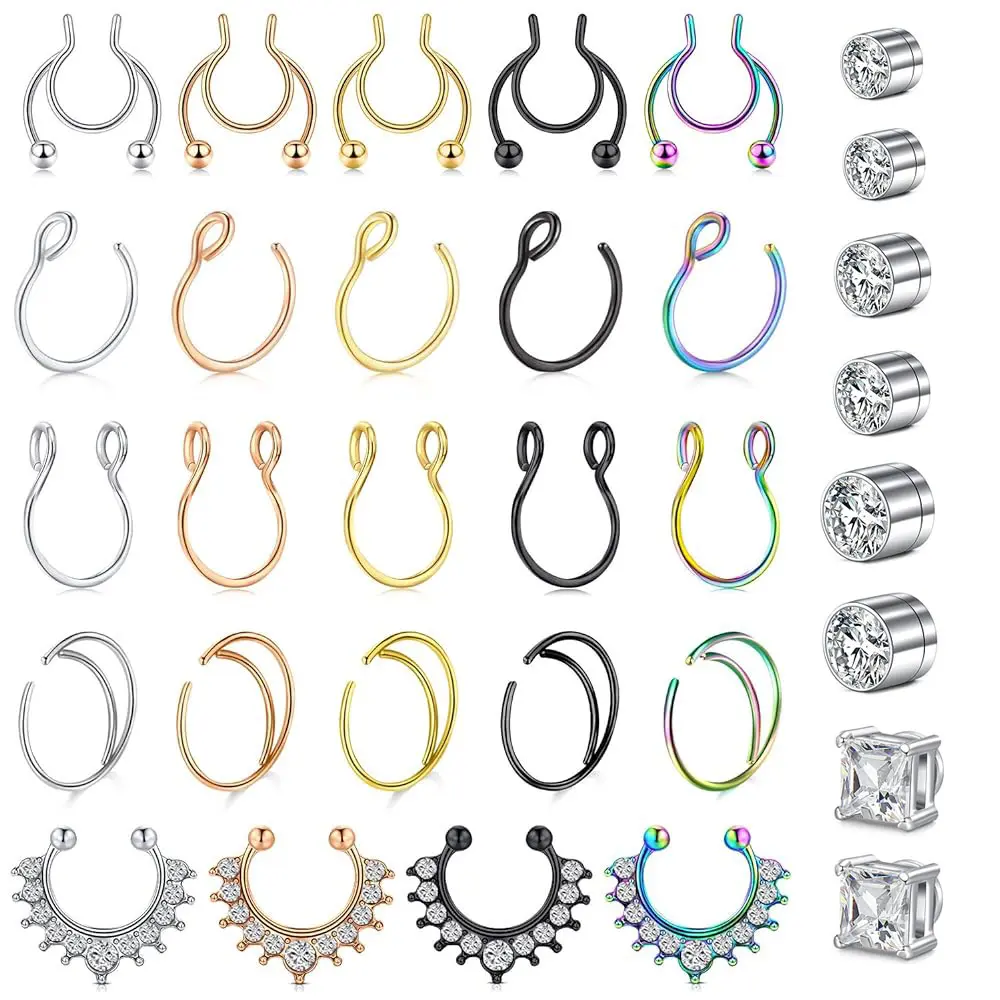 Fake Septum Hoop For Men 20G Faux Nose Piercing Hoop Clip on Nose Rings Non Piercing Fake Septum Lip Ear Ring Faux Body Piercing Jewelry for Women Men