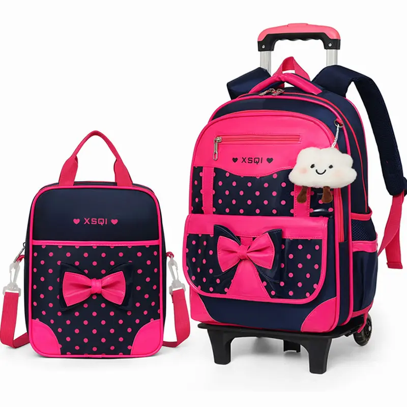 Cute Polka Dot Bow Wheeled Backpack Set, Detachable Trolley Backpack with Accessory Crossbody Bag, Backpack suitable for young women