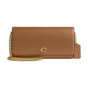 COACH Essential 21 Crossbody Wallet for Women – Calfskin, Gold-Tone Hardware, Snap Closure, Honey Brown