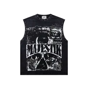 Oversized Vintage Washed Grunge Eye Print Tank Top with Rivet Studs| Y2K Messy Rich Streetwear| Unisex Edgy Sleeveless Vest for Men Women Summer Festival OOTD