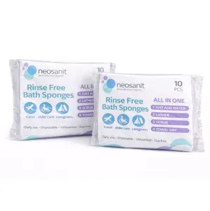 Rinse Free Bath Sponge 2-Pack 10 Pieces Each Disposable All-in-One Just Add Water Lather Scrub Towel Dry Travel Elder Care Camp Unscented Dye-Free Personal Loofah Net Loofah Round Bath Sponge Loofah Set