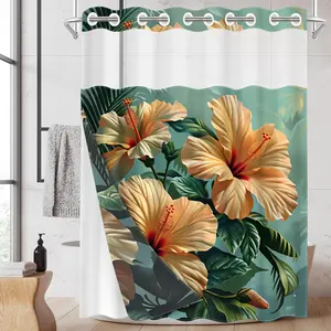 1PC 2D Flat Tropical Champagne Hibiscus Shower Curtain, Cream Orange Red Core Floral Design, Waterproof Detachable Liner Bathroom Curtain (No Hooks)