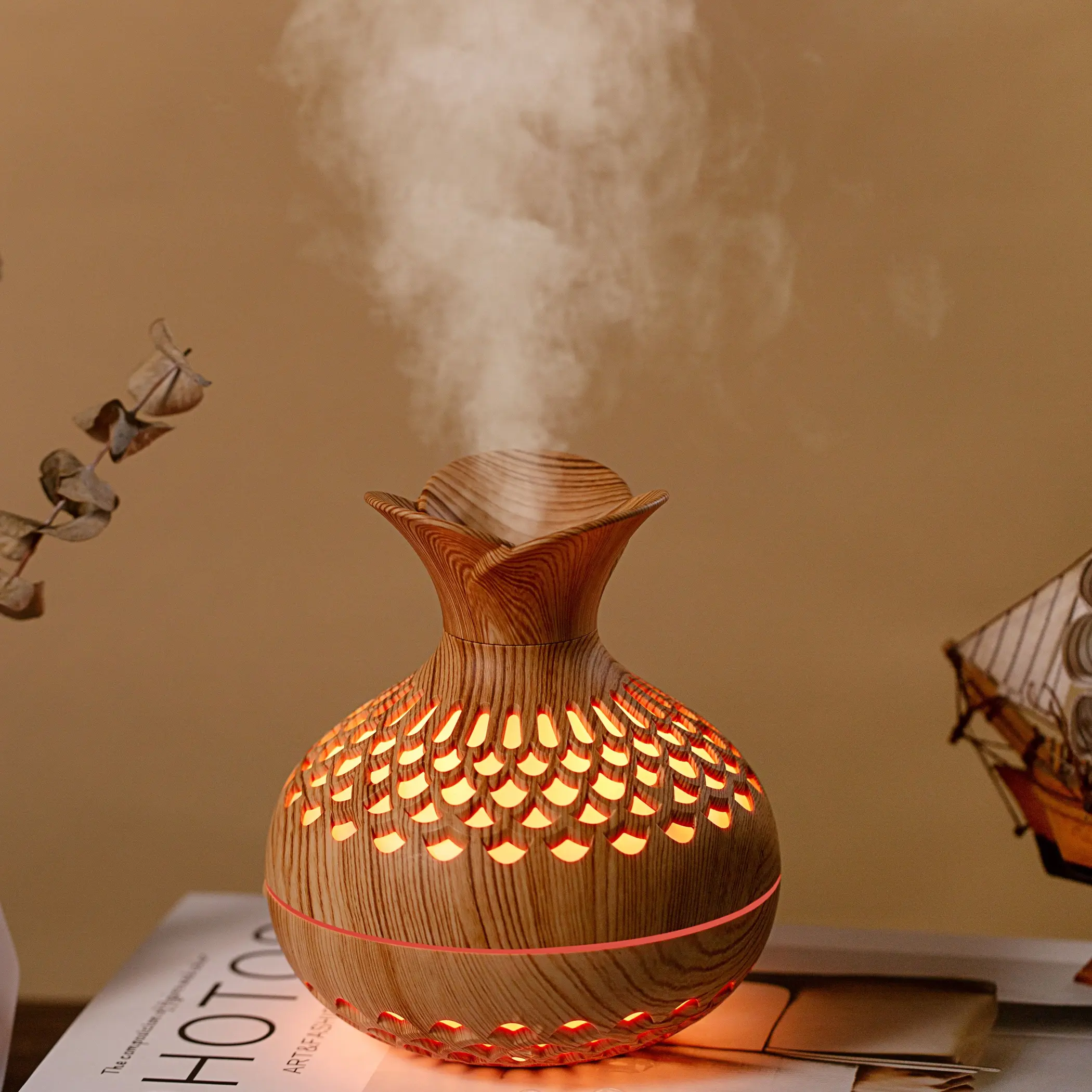 Wood Grain Aroma Diffuser Humidifier for Home Lamp Set, Essential Oil Diffuser & Night Light, Home Office Decorative Accessories