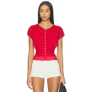 Free People Glimmer Embroidered Top in High Risk Red