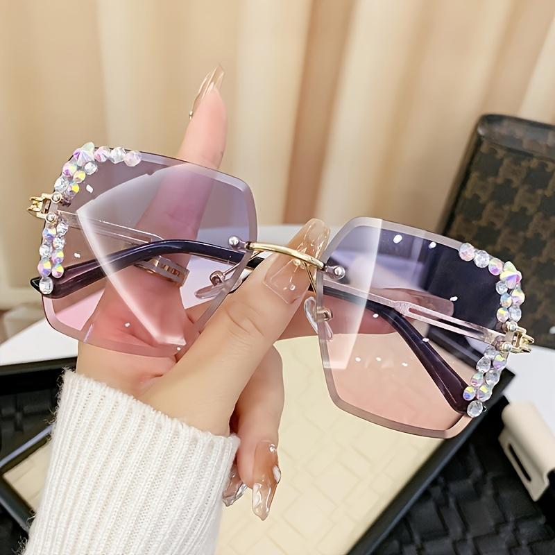 Frameless Gradient Fashion Glasses for Women Pink-Plated Metal Accents Square Lenses Lightweight Eyewear for Casual Outings and Photo Shoots Oversized Aviator Nighttime Yellow Tint Trendy Rectangle Sunglasses Cute Women's Cat Eye Sunglasses