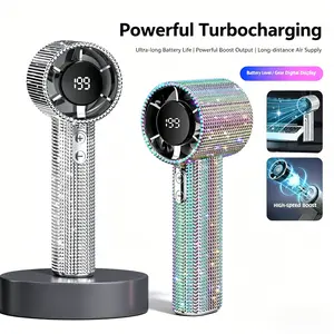 Diamond-Shimmering Luxury Fan-A Portable Handheld Turbo Fan 3 Gear Wind Rechargeable Long Battery Life Hand Fan With Digital Display For Outdoor Activities Travel Office Strong Boosting Output Long Distance Blowing LY377