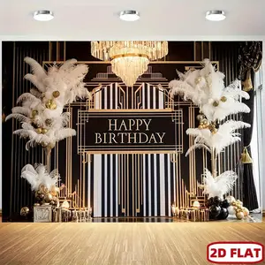 1pc 2D Flat Gatsby Style Black and White Striped Wall with Golden Decorations, Art Deco Chandelier, Feather Wreath and Birthday Decorations - Luxury Party Backdrop for Families, Events and Photos, Banners Ornaments