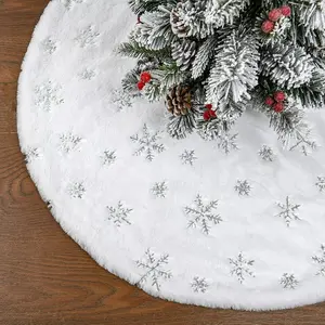 48 Inch Faux Fur Christmas Tree Skirt Large Luxury Thick Plush Tree Skirt with Sliver Snowflake Sequin for Xmas Holiday Decorations Ornaments White and Silver