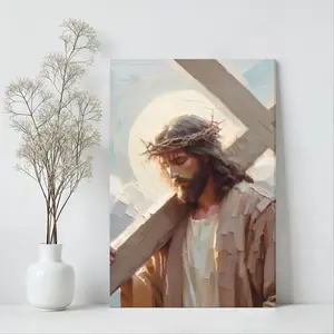 2D Flat, 1pc Framed Jesus Carrying Cross Wall Art Suitable for Good Friday Lent Decor, Modern Vertical Religious Canvas Poster Painting with Hook Frame, Vertical Jesus Bearing Cross Icon for Bedroom, Living Room, Dorm - Gift Ready to Hang, 2D Flat