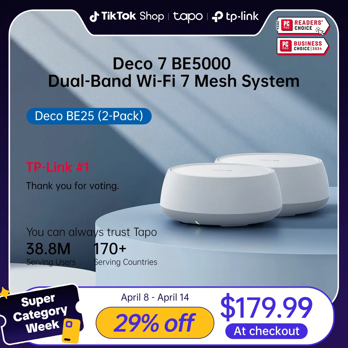 TP-Link Deco BE25 (2-pack) Deco 7 BE5000 Dual-Band Wi-Fi 7 Mesh System | BE5000 Speeds | 4-Stream 5Gbps | 4600 Sq.Ft Coverage | 2×2.5G Ports + VPN,MLO, AI Roaming | HomeShield Security