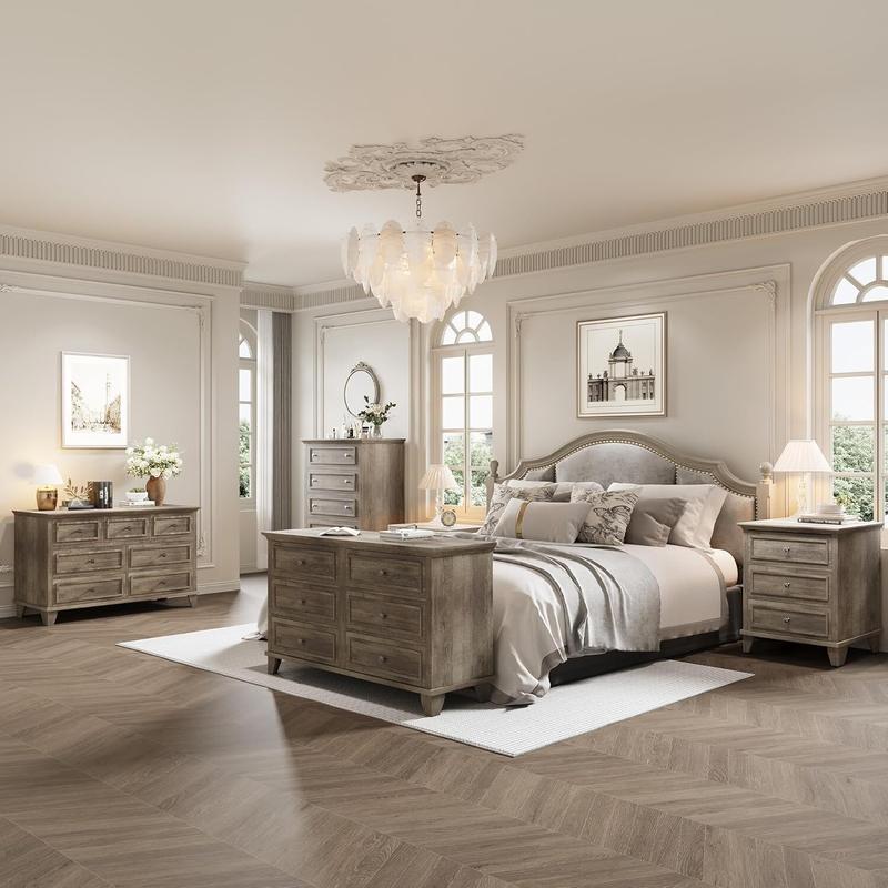 Farmhouse Dresser for Bedroom with 6 Drawer Double Dresser TV Stand with Vintage Handle Wide Wood Dressers Chests of Drawers 6 Drawer Dressers for Bedroom Living Room Hallway-Grey