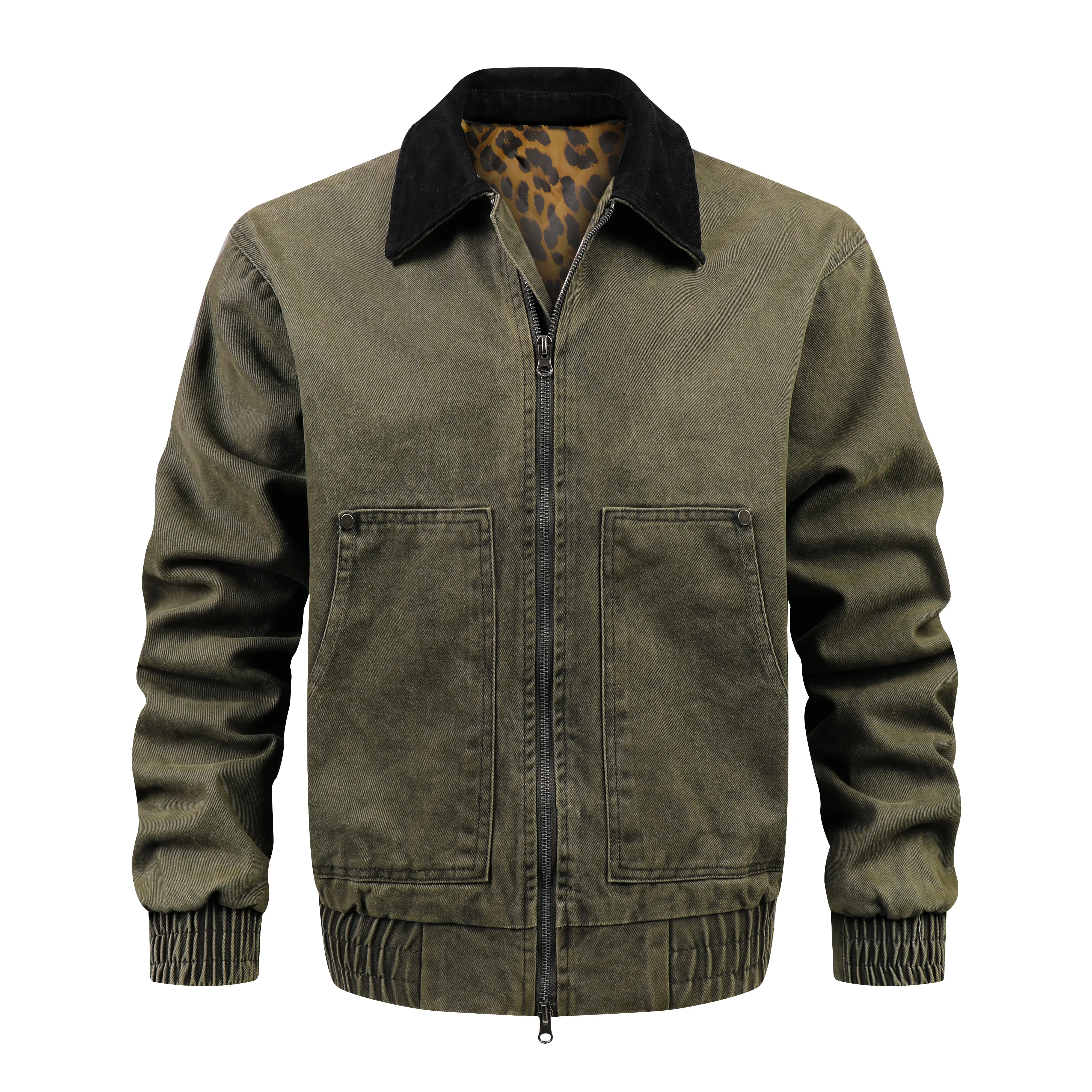 Gihuo Men’s Vintage Workwear Harrington Jacket Heavyweight Cotton Canvas Bomber Coat with Corduroy Collar & Leopard Print Lining