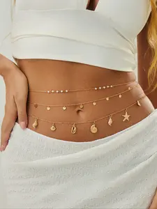 Boho Style Starfish Shell Pendant Waist Chain Set, Waist Beads, Ocean Theme Vacation Wear, Multi-Layer Body Chain, Body Jewelry for Women, Beach Party, Beach Ready