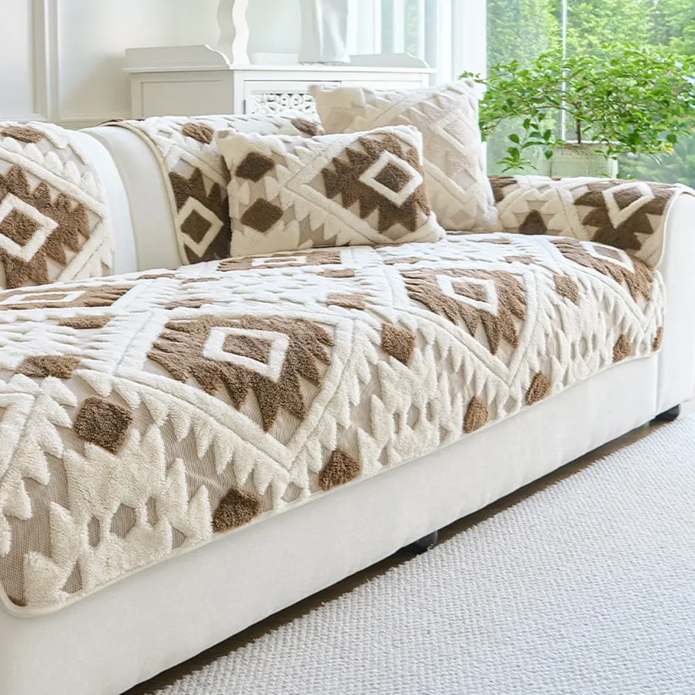 Boho Style Plush Sofa Cushion, Anti-Slip Warm Comfortable Quilted Sofa Cover, Modern Luxury Durable Washable Living Room Soft Reusable Couch Protector, Pet-Friendly Minimalist