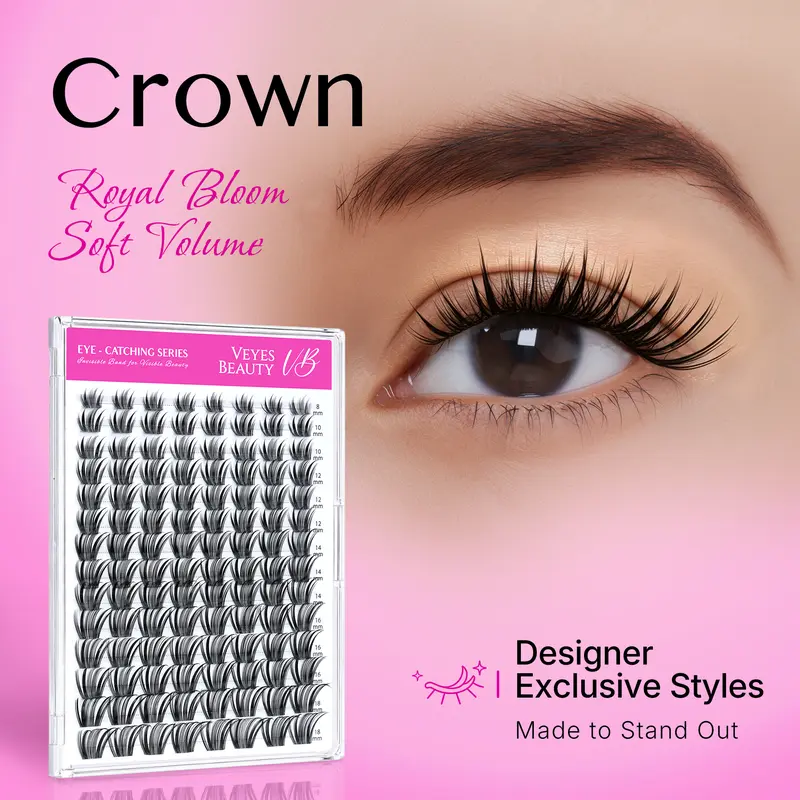 VEYESBEAUTY VB-Crown Cosmetic Individual Lash Cluster Kit, 100% Handcrafted Faux Mink PBT Fiber Set with Extremely Fine Invisible Band, Fine Texture for Quick Dramatic Lashes, DIY-Friendly Home Self-Makeup Application