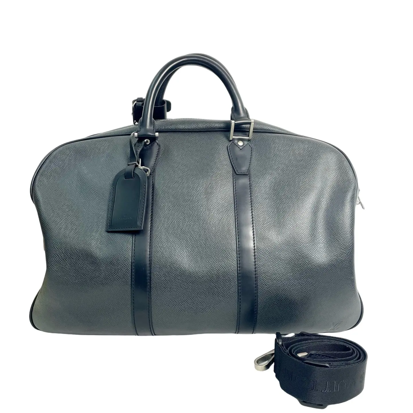 Pre-owned epi-leather Travel Bags Louis Vuitton Classic Cross Grain Taiga Leather Travel Duffle Bag Ardoise Black, Reinforced Trim, Rolled Handles