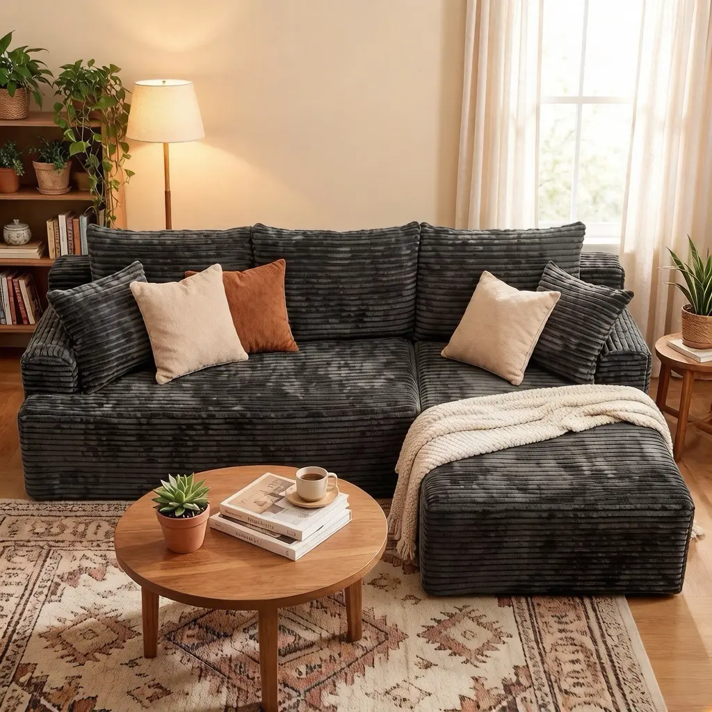 105.9" Grey L-Shaped Sectional Sofa with Ottomans, Modular Corduroy Couch with Removable Ottoman, Modern Large Corner Sofa for Living Room Apartment boneless Chaise bedroom furniture Cloud Oversized Contemporary