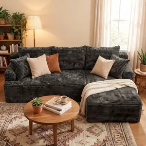 105.9" Grey L-Shaped Sectional Sofa with Ottomans, Modular Corduroy Couch with Removable Ottoman, Modern Large Corner Sofa for Living Room Apartment boneless Chaise bedroom furniture Cloud Oversized Contemporary