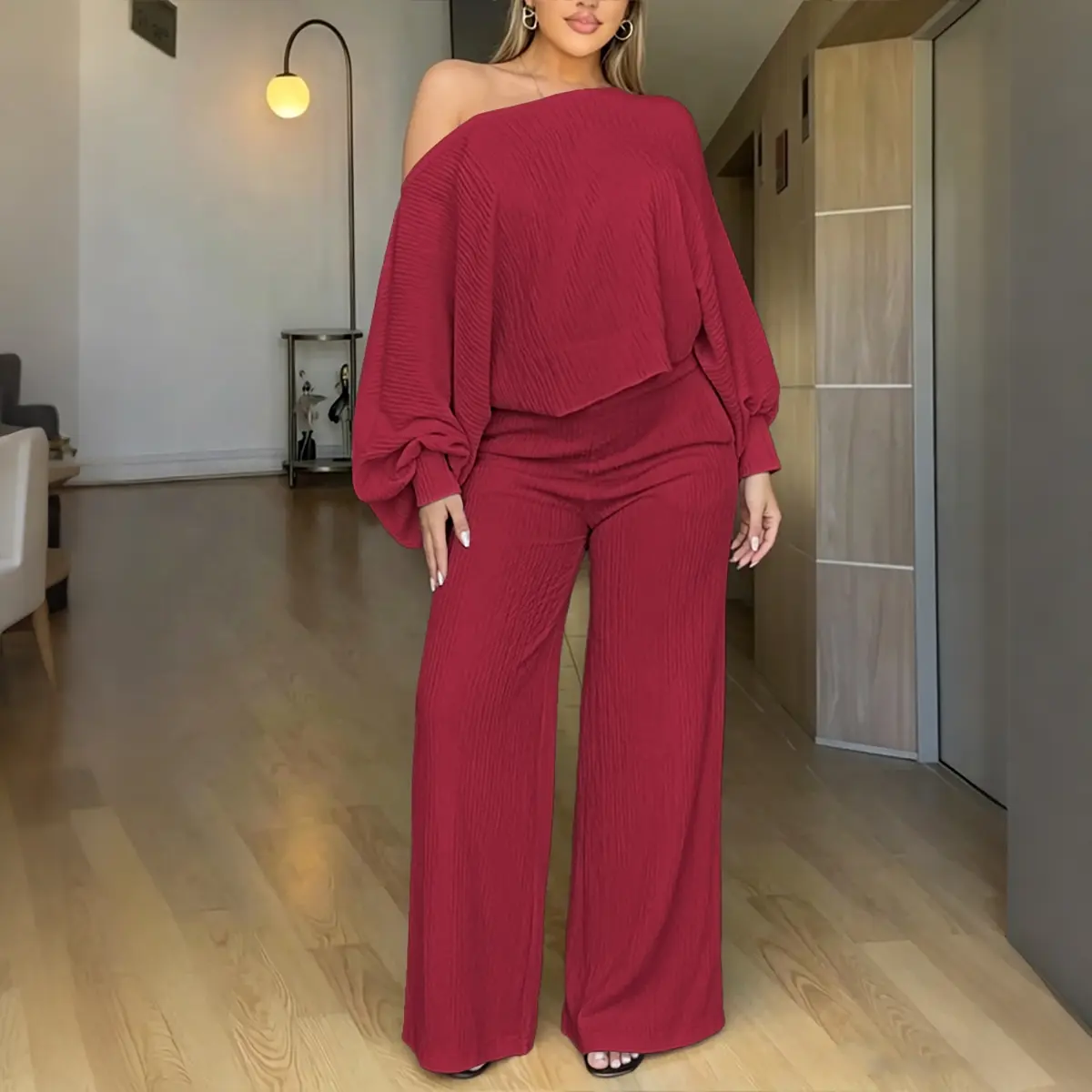 CHICME Women's 2 Piece Outfits Skew Neck Batwing Sleeve Top and Wide Leg Pants Set Casual Textured Loungewear with Pockets