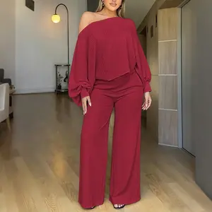 CHICME Women's 2 Piece Outfits Skew Neck Batwing Sleeve Top and Wide Leg Pants Set Casual Textured Loungewear with Pockets