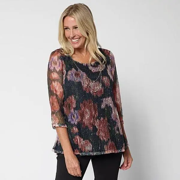 Nina Leonard Printed Mesh Knit Sequin Top with Detachable Necklace