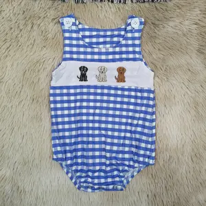 Sleeveless blue checkered dog embroidery baby boy summer romper