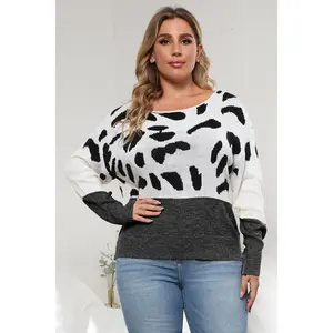 Leopard Round Neck Long Sleeve Sweater (Plus Size)