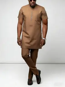 Men's Dashiki Set, Casual Style, Short Sleeve, Round Neck, Embroidered, Pockets, Split Hem, Drawstring Waist Pants, Beach, Vacation, Wedding, Party, Menswear