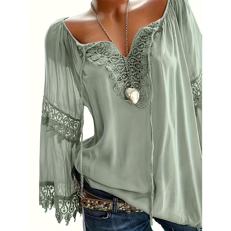 Women's plus Size V-Long Sleeve Top with Elegant Edges and Heart-Shaped Pendant Details, Spring/Autumn See-through White Casual Wear