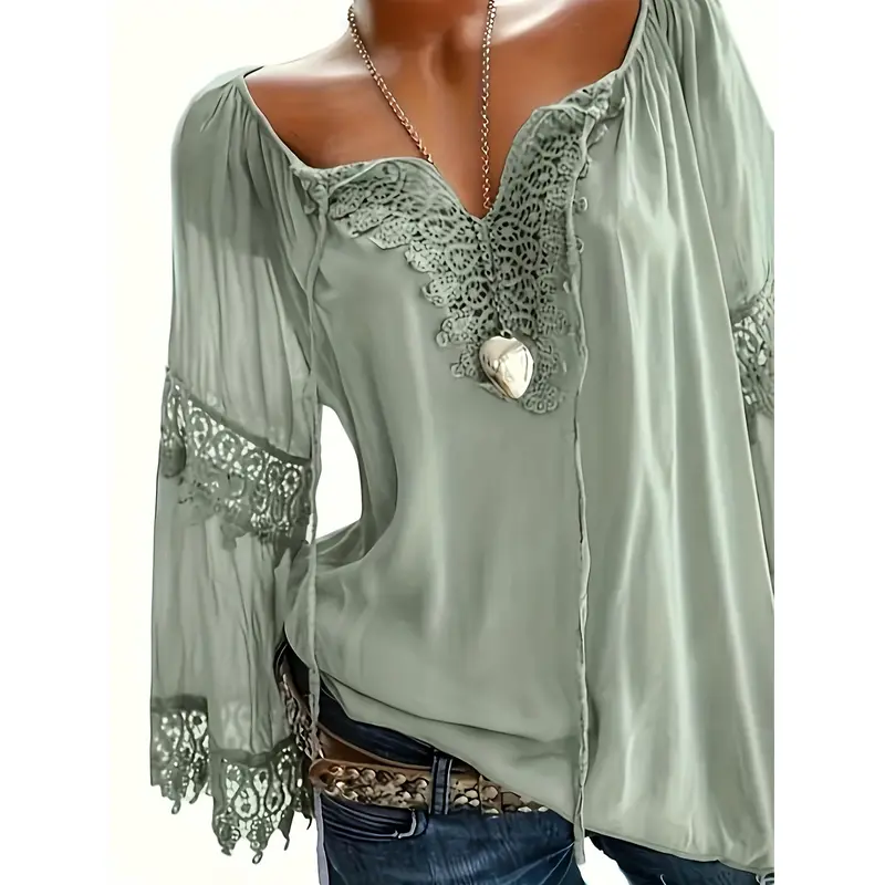 Women's plus Size V-Long Sleeve Top with Elegant Edges and Heart-Shaped Pendant Details, Spring/Autumn See-through White Casual Wear