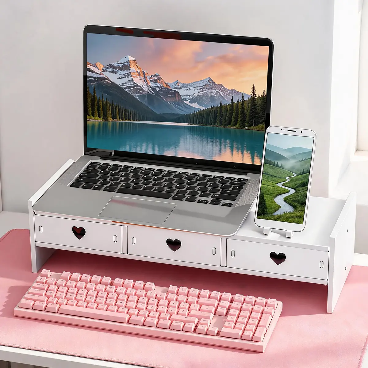 3-Drawer Monitor Stand, Heart Design Desktop Organizer with Keyboard Storage, Ergonomic Computer Riser for Home Office Desk