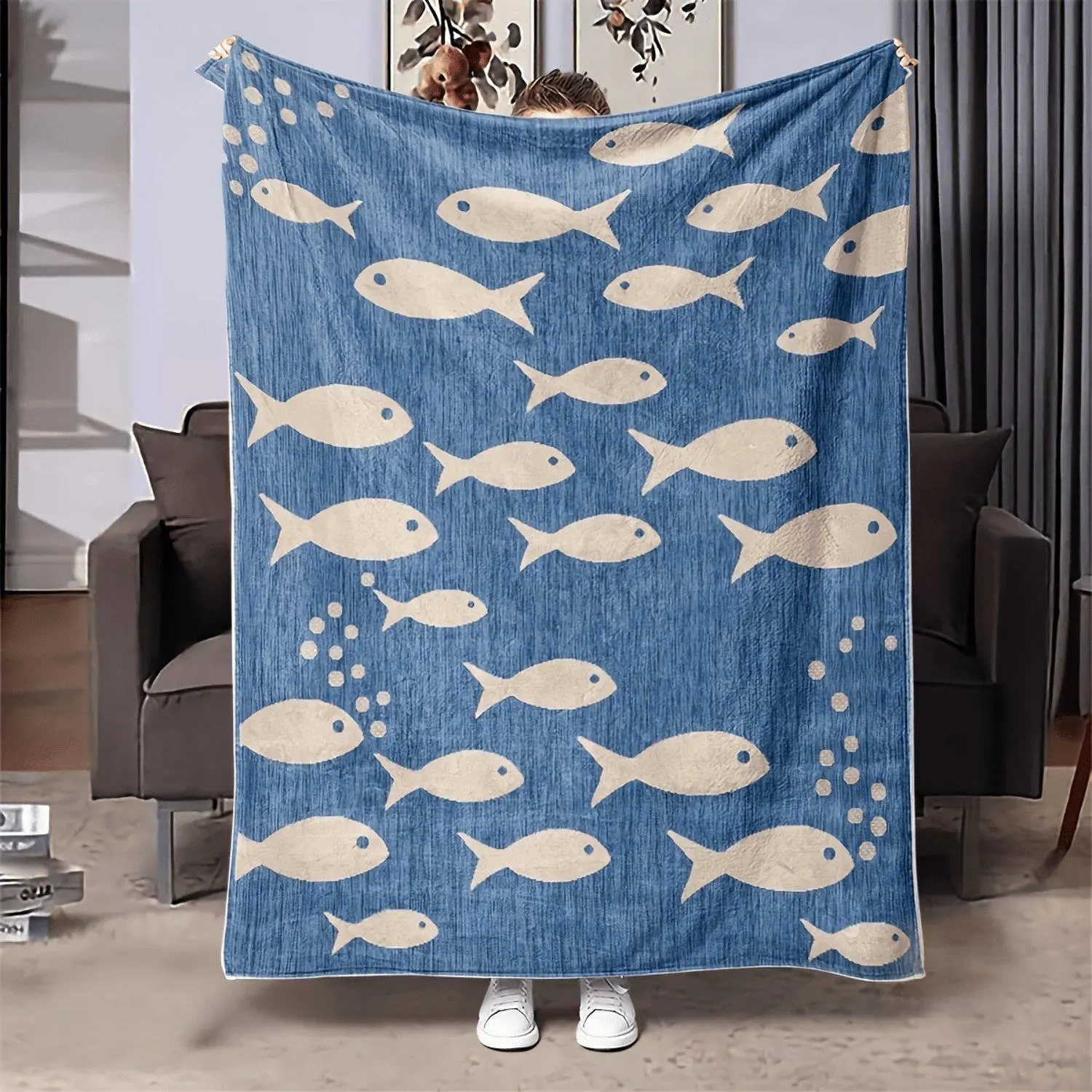 Navy Digital Print Ocean School of Fish Fleece Blanket, Easy Water Ripple Element All-Season Warm Nap Blanket, Suitable for Living Room Sofa And Travel Portable Multifunctional Blanket