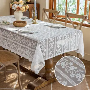 New White Lace Tablecloth Vertical Stripes Rose Flower Edge Tablecloth Home Dining Table Cloth -- jewelry Aesthetic