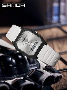 Sanda Dual Display Digital Watch, Water Resistant Wristwatch, Waterproof Sports, 3 Time Zone, Luminous Alarm, Multi-Function, Student Electronic Watch, Multifunctional Watch