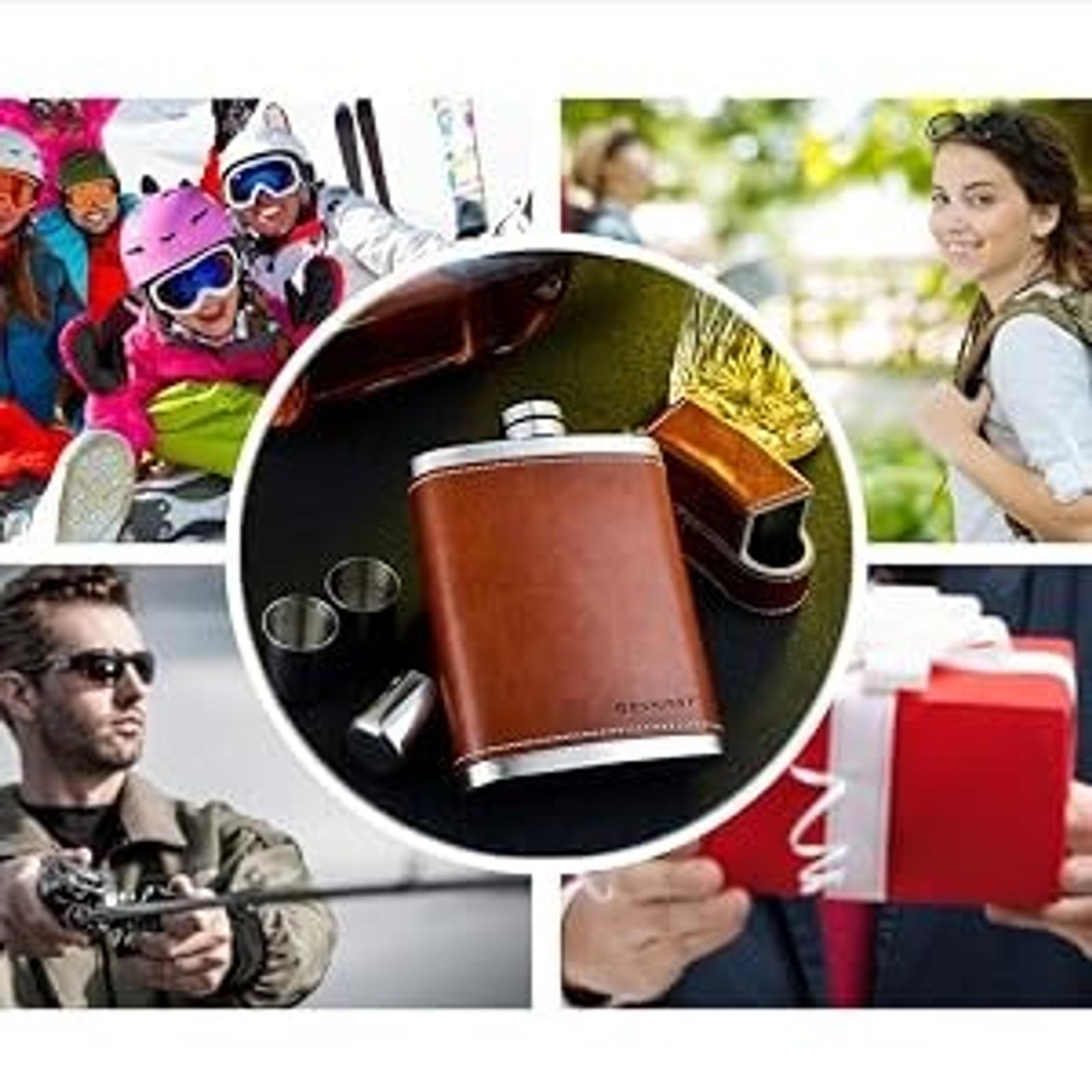 GENNISSY 8oz Hip Flask for Men - 304(18/8) Stainless Steel Bourbon Whiskey Flask, Leakproof with Brown Leather Wrap - Includes Funnel & 3 Mini Cups for Dad, Gifts, TravelGift