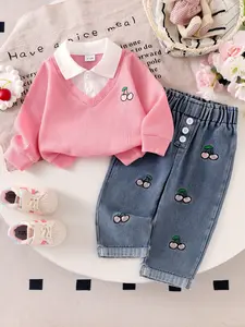 Infant Girls' New Fashion 2-Piece Set, Long Sleeve Ruffled Blouse with Cherry Embroidery, Loose-Fit Jeans Pants, Spring & Fall