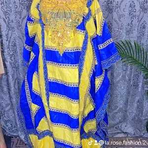 Bazin Grand Bubu Dress in Blue and Yellow with Embroidered Details
