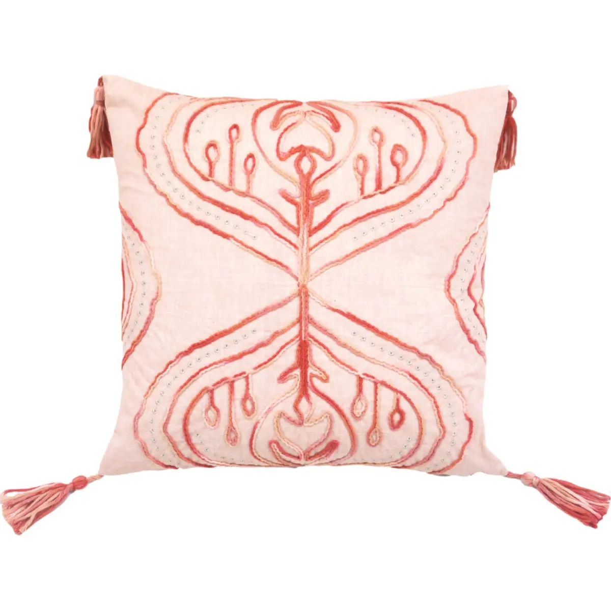 HomeRoots 479207 Coral Damask Tasseled Zipper Closure Polyester Decorative Cushion, 4x17x17 in, Sturdy Construction, Fully Stuffed, Insert Included