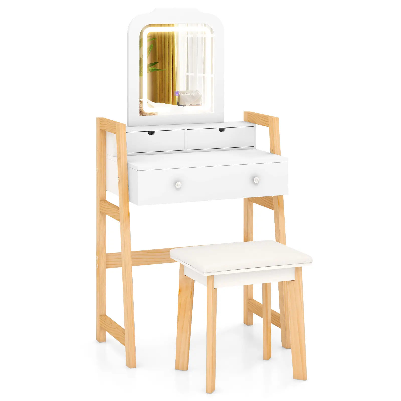 COSTWAY - Adjustable Height Vanity Desk Set with 3-Color LED Lighted Mirror and Drawers-White