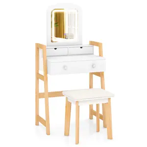 COSTWAY - Adjustable Height Vanity Desk Set with 3-Color LED Lighted Mirror and Drawers-White
