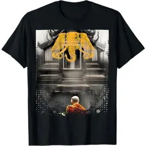 Laos 3 Head Elephant & Lao Monk Asian Buddhist Temple Flag T-Shirt