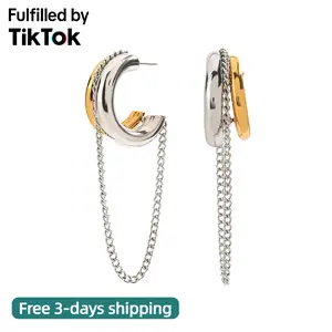 14K Gold and Silver Tassel Chain Hoop Earrings for Women Trendy Two Tone Dangling Chain Earrings Hypoallergenic Fashion Jewelry Gifts