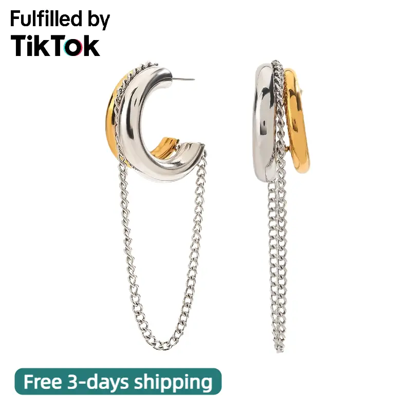Women's 14K Gold-Silver 2-Tone Tassel Chain Hoop Earrings, Hypoallergenic Dangling Fashion Jewelry Gifts, Accessories for Women