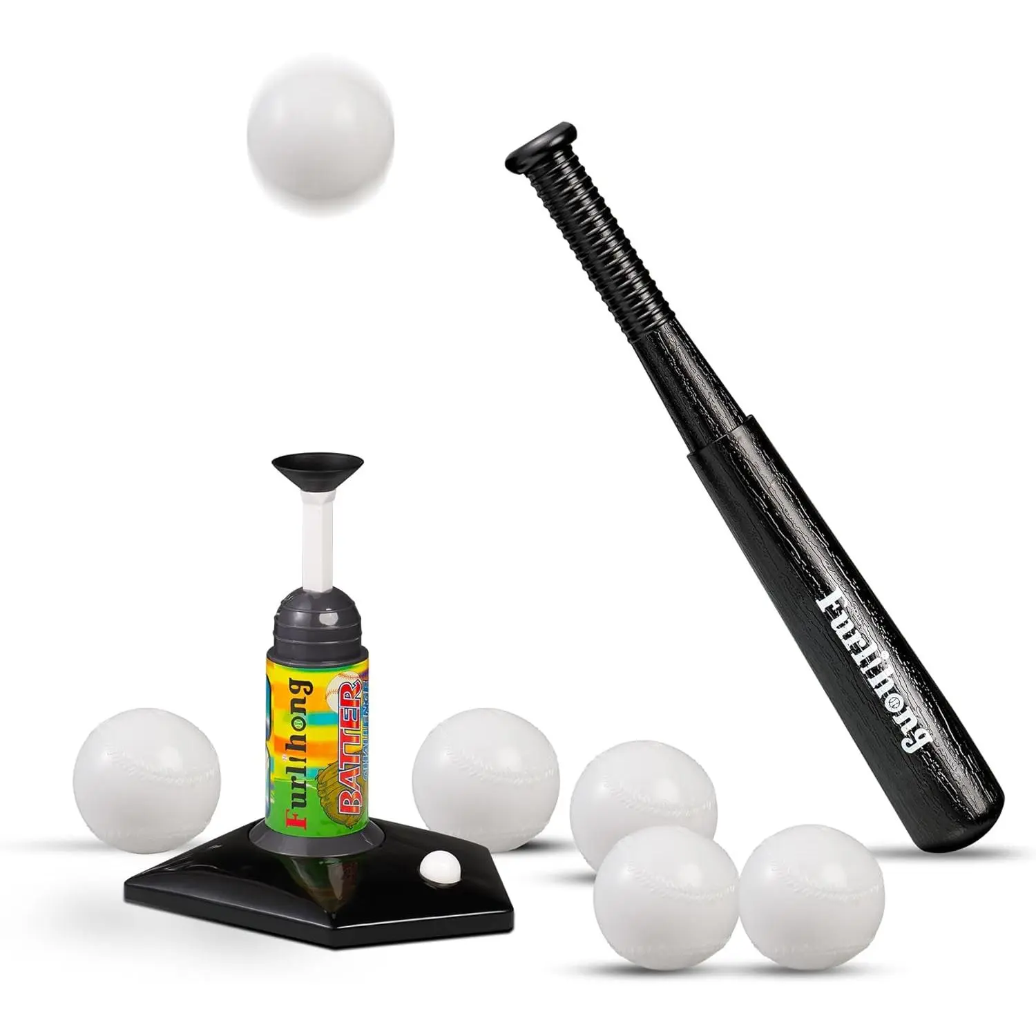 Kids' T-Ball Set with Pedal Baseball Launcher, Collapsible Plastic Bat and 6 Balls - Adjustable Height and Easy Operation for Indoor-Outdoor Play