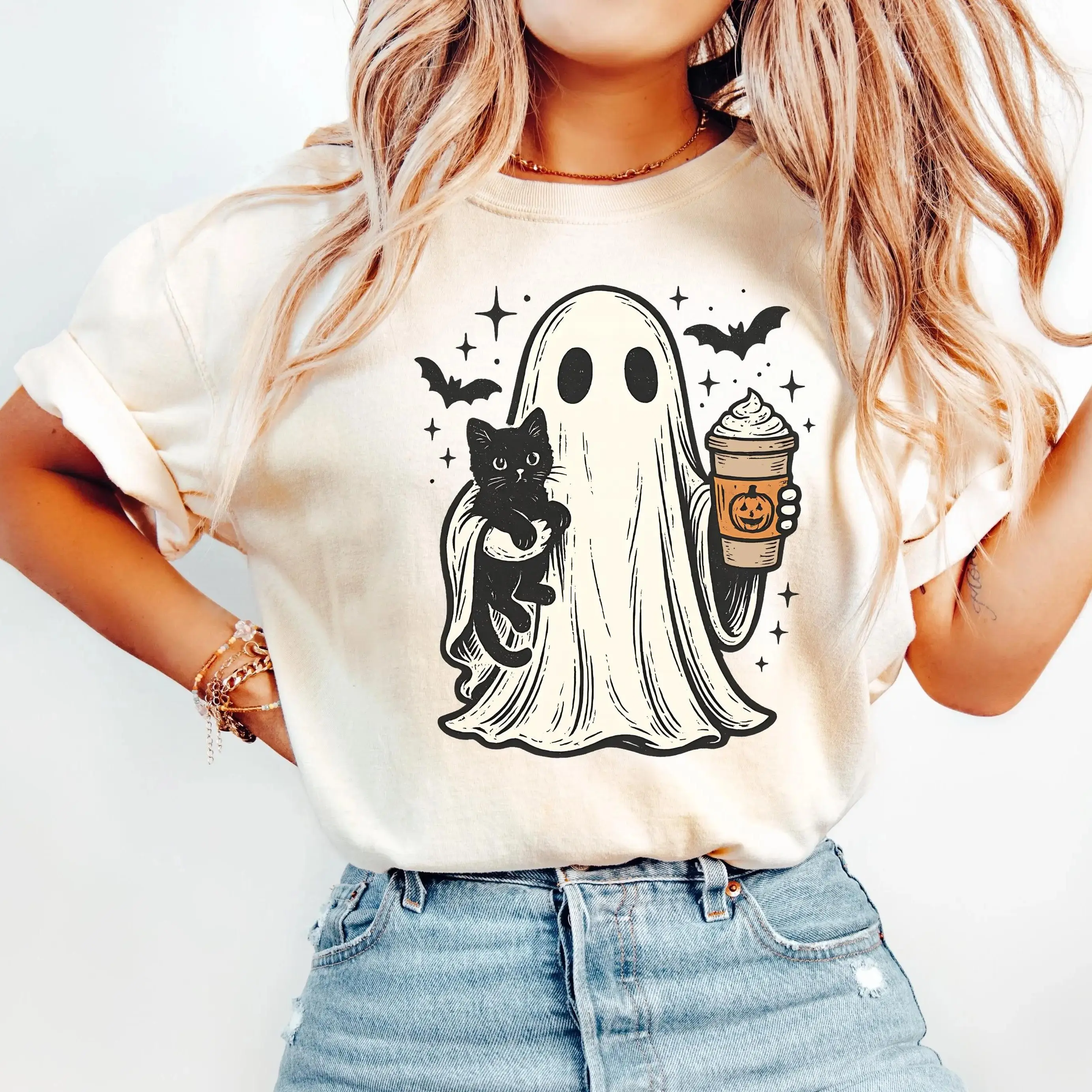 Comfort Colors Ghost Cat Halloween T-Shirt, Pumpkin Spice Ghost Graphic Tee, Cute Spooky Season Shirt, Black Cat Coffee Lover Top, Cozy Fall Halloween Apparel, Gift for Women & Men