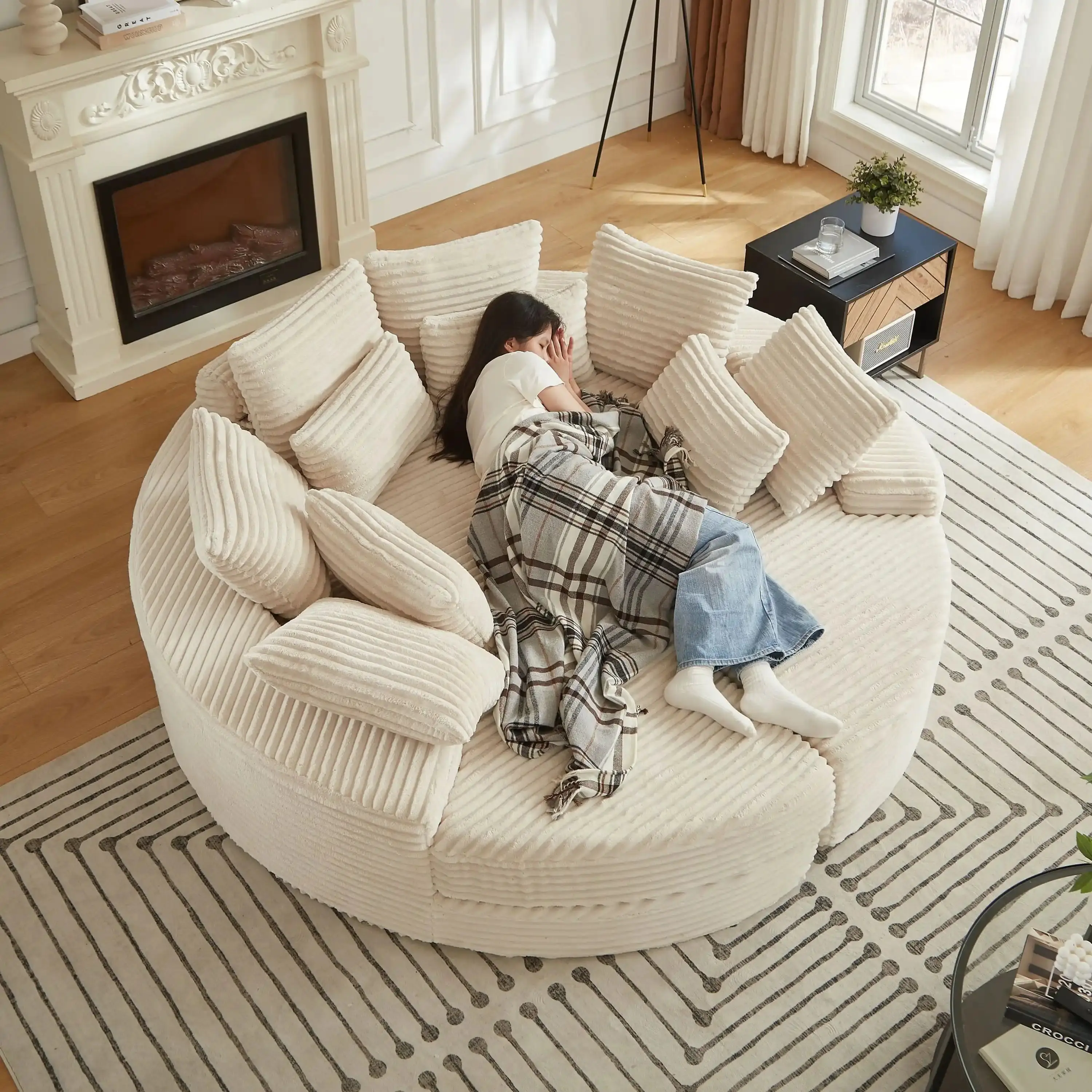 Corduroy Round Sofa Beige & Oversized Convertible 2-In-1 Recliner Bed With Neck Pillows