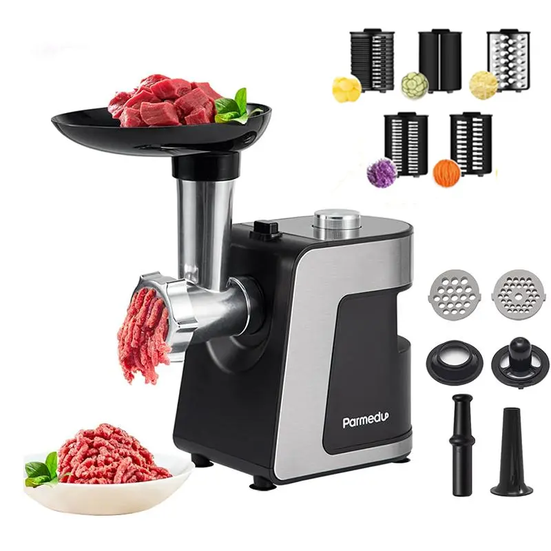 Parmedu 2-in-1 Plugged-In Electric Cheese Grater & Meat Grinder Full-Size Food Processor with 12 Attachments: Vegetable Cutter, Slicer, Shredder, Chopper, Salad Maker, Mincer, Sausage Maker for Mincing & Slicing Tasks