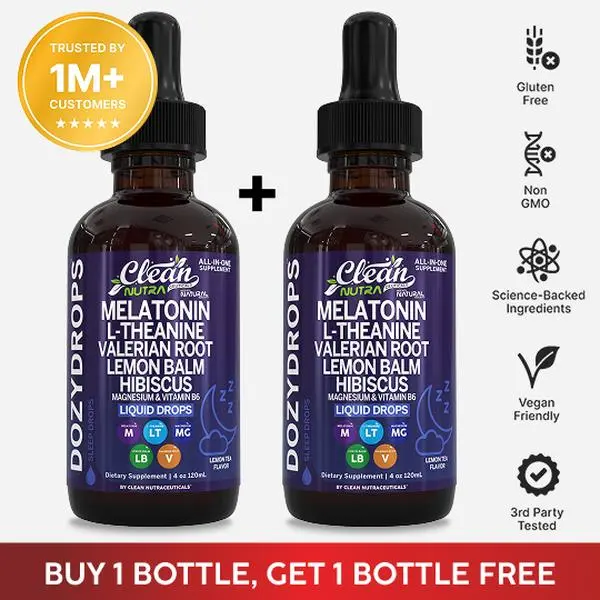 Clean Nutra BOGO | Melatonin, Magnesium, L-Theanine & Valerian Root for Restful Sleep & Calm Nighttime Recovery - Dozy Drops Clean Nutra BOGO | Melatonin, Magnesium, L-Theanine & Valerian Root for Restful Sleep & Calm Nighttime Recovery - Dozy Drops