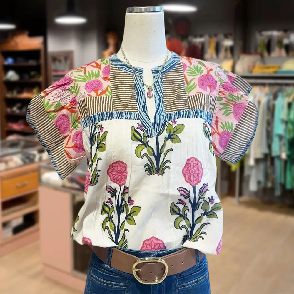 Cherrybetty Mixed Floral Print Split Neck Top Womenswear Bottoms Fashion Blouse  Shirts Casual women's summer outfits going tops fashion outfits 90s graphic tees cute summer outfit women's summer outfits plus size tops going tops women's summer tops Outdo